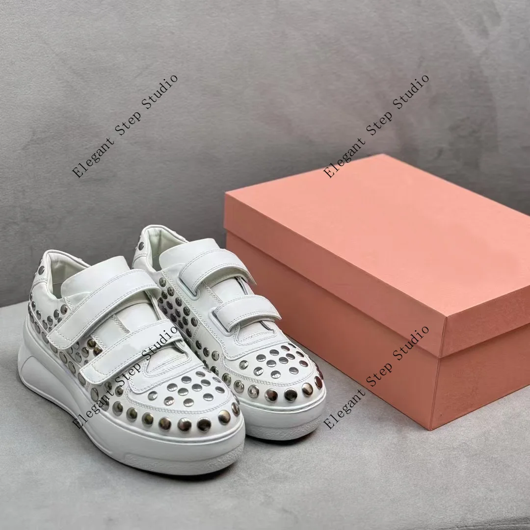 Women's Shoes Strap Platform Rubber Soles Sneakers Studded Round Toe Sole Height 4 Cm Studs