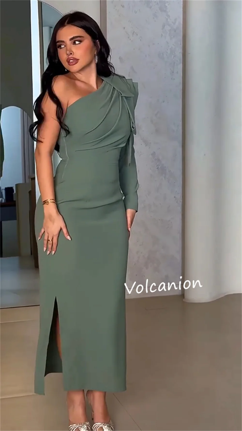 Customized Jersey Pleat Straight One-shoulder Midi Dresses Bespoke Occasion Party Simple Formal Modern Style