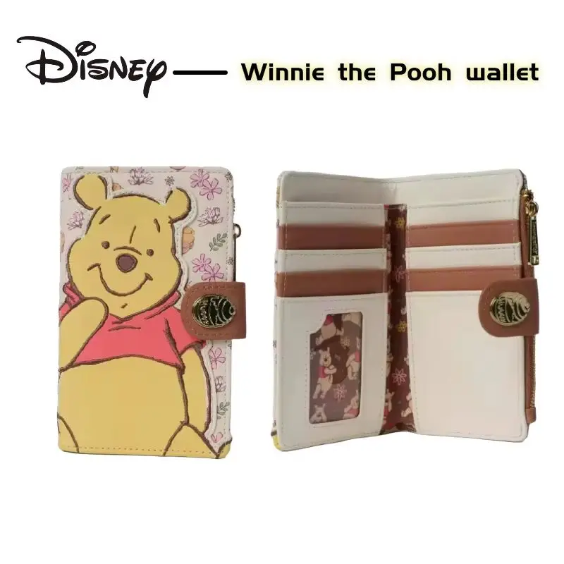 Nova carteira com estampa floral Disney Winnie The Pooh, bolsa de couro fashion fofa de desenho animado, presente para meninas e mulheres, uso diário