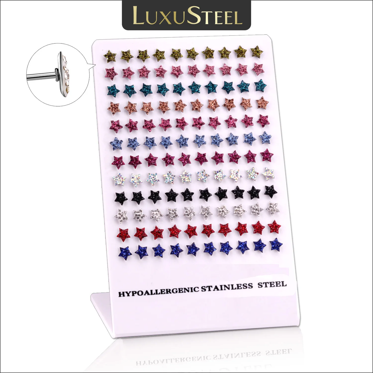 

60Pairs Star Colorful Crystal Stud Earrings for Girls Baby Stainless Steel Bling Multicolor Zircon Round Stone Earring Wholesale