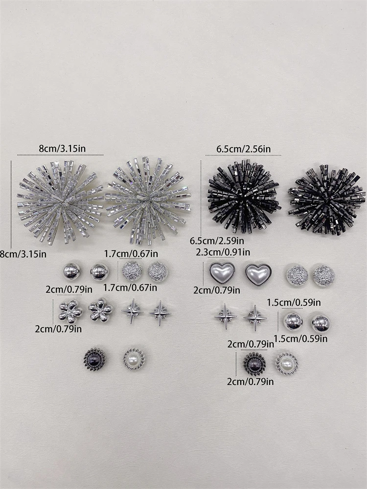 12PCS Shiny Firework Starbust Shoe Charms Accessories Silvery Heart Clogs Shoe Buckles DIY Decorations Round Beads Shoe Clips