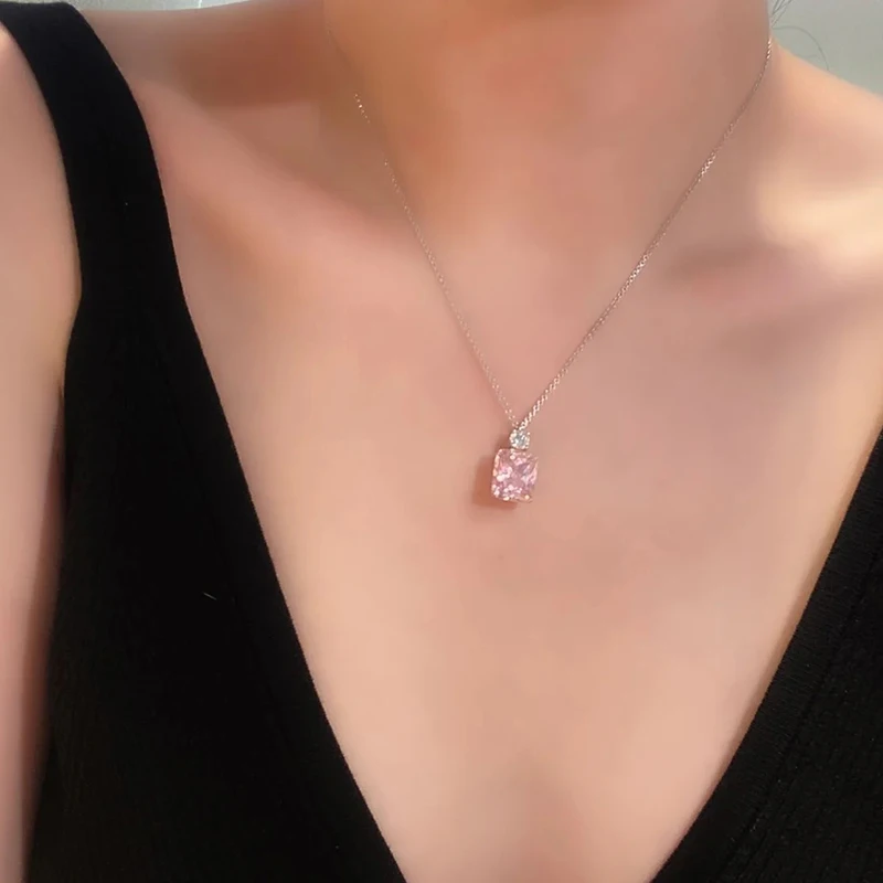 Huitan Two-tone Pendant Necklace with Pink Cubic Zirconia Sweet Women\'s Neck Accessories Wedding Party Luxury Fashion Jewelry