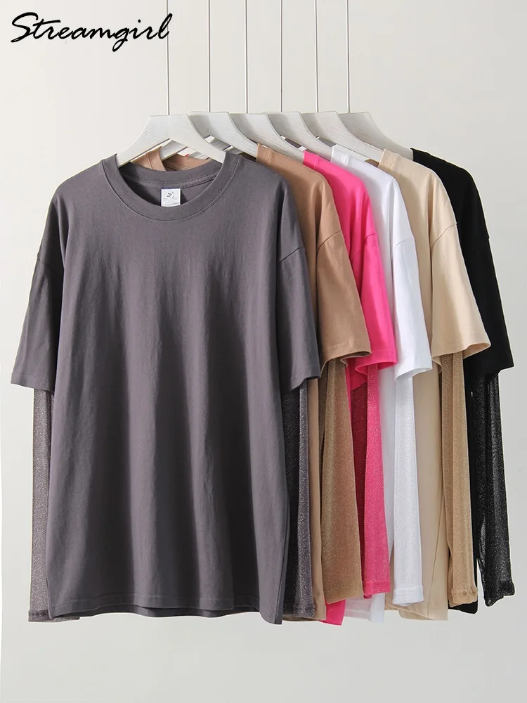 Bright Mesh Oversize T Shirt Women Long Sleeve Summer Bright Silk Sunscreen Top Loose Mesh Sleeves Tshirts For Women Black 2025