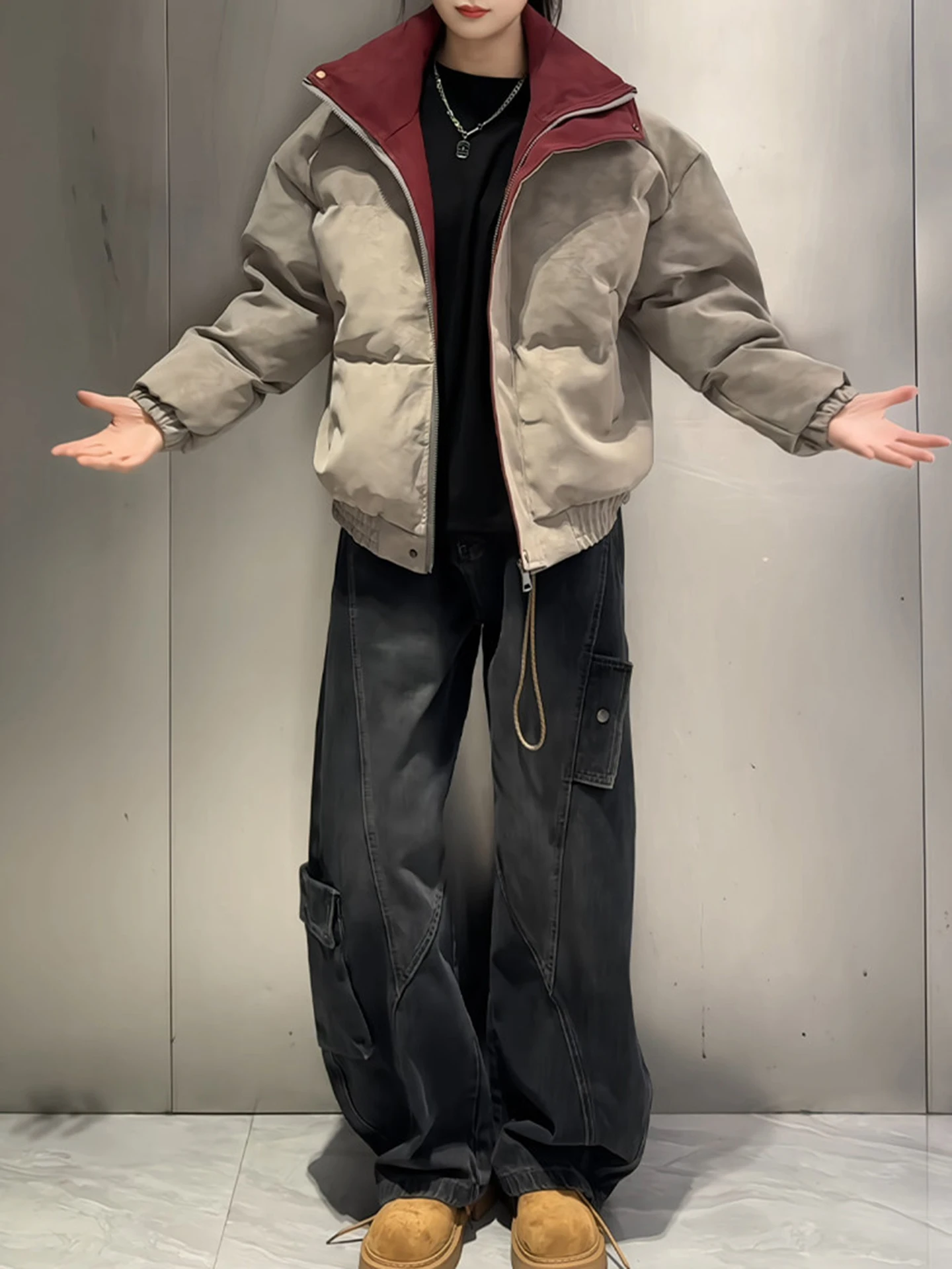 

Cé Brown Matte Dyed down Cotton Jaet Men's Winter Thiened Leather Cotton Coat American Sle Stand Collar Haome Cott...