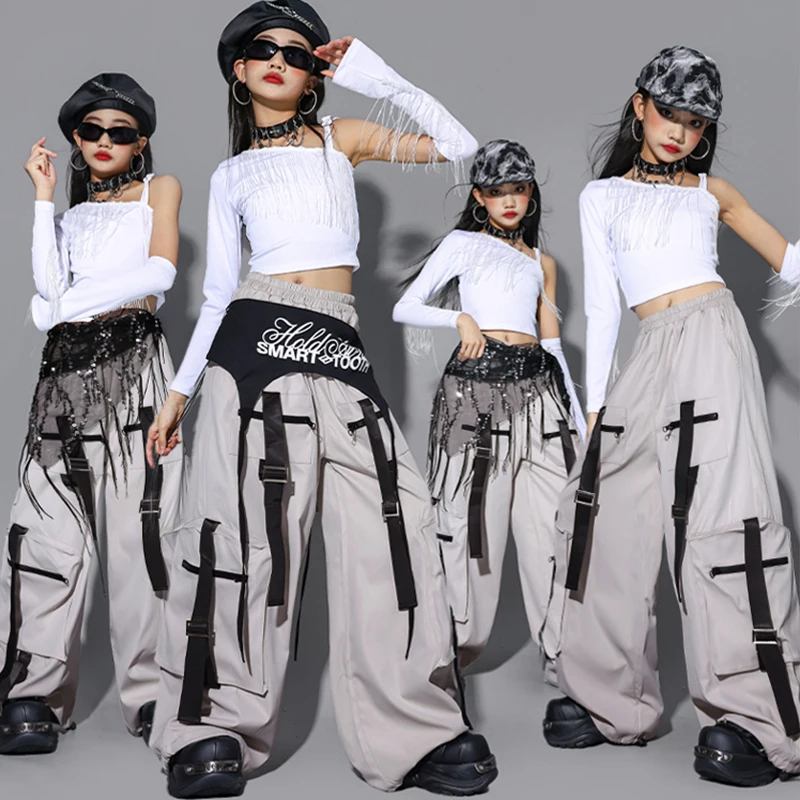 

Одежда для джазовых танцев для девочек, детская школьная одежда для выступлений, белый топ с бахромой Kpop, серые брюки для танцев в стиле хип-хоп, уличная одежда 2769