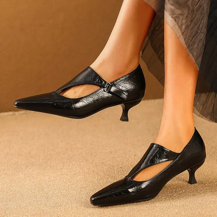 Women's Dark Retro Kitten Heel Pumps Pointed Toe Cross Strap Metal Buckle Elegant Chic Party Date Office Shoes for Women - view 6