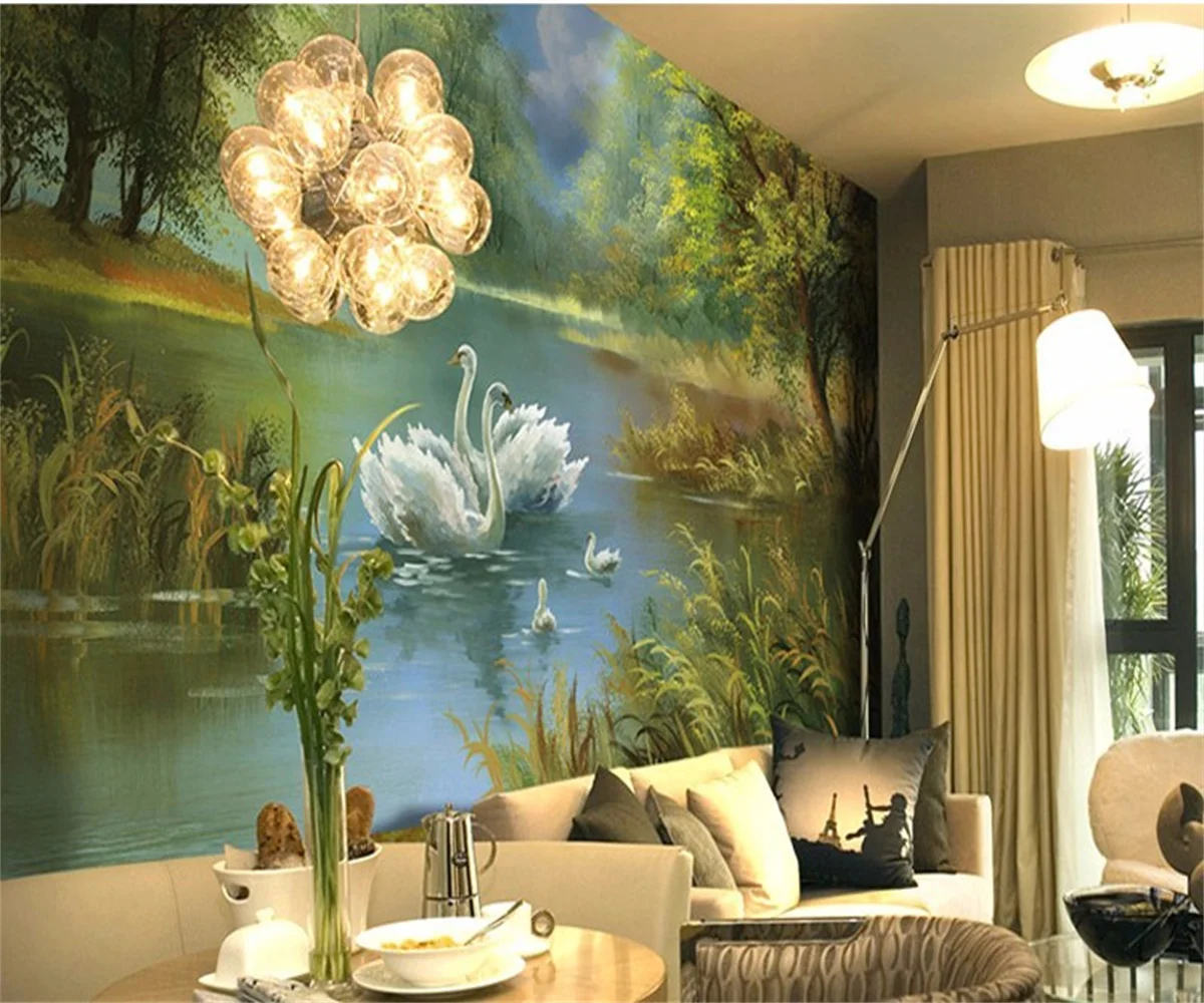 

papier peint Custom wallpaper swan lake 3 d green landscape corridor restaurant photo large wallpaper wallpaper for walls 3 d