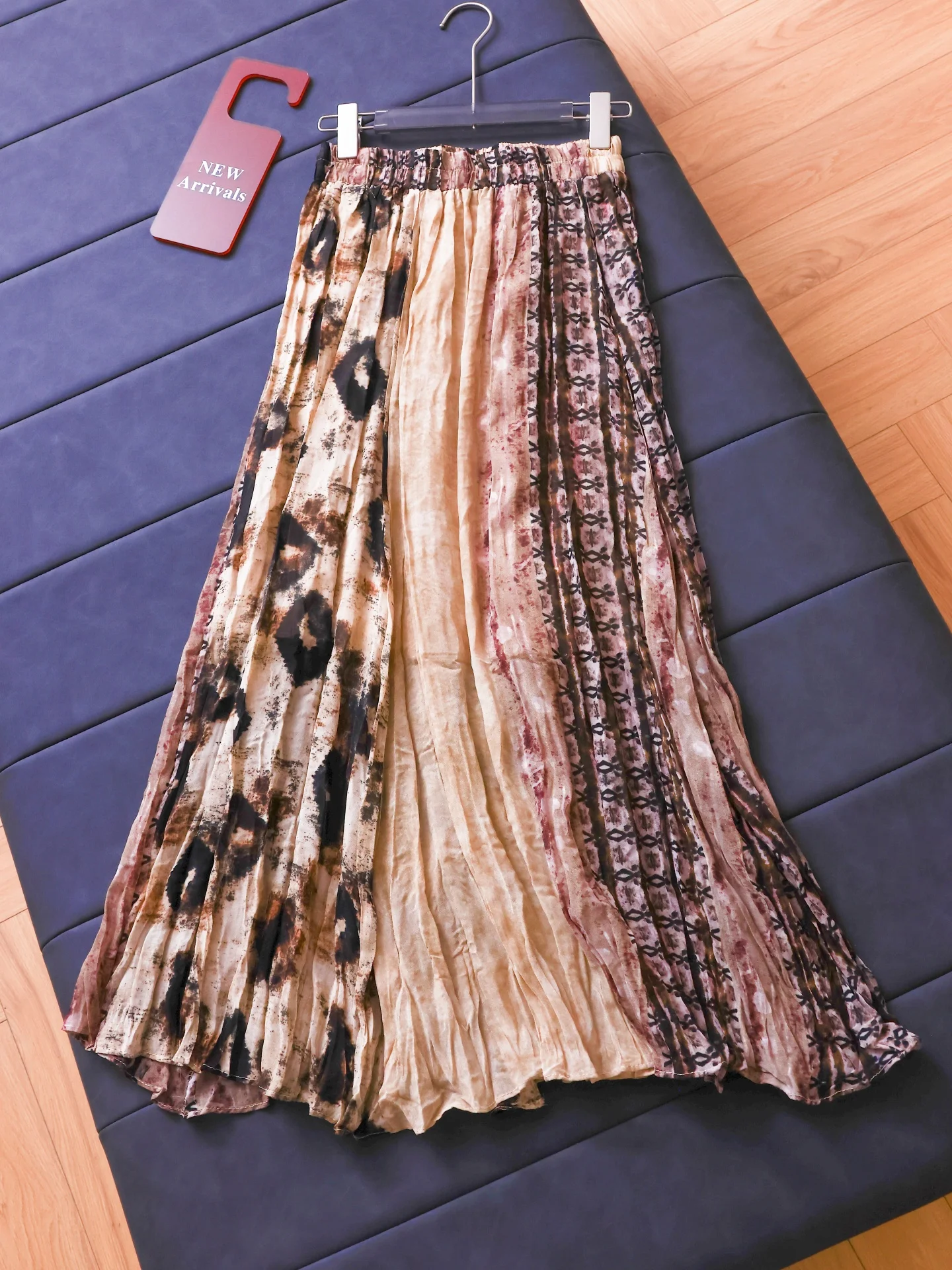 

Retro Print Loose A-Line Skirt Elastic High Waist Asymmetrical Pleats Women's Long Midi Skirt Full Circle Half-length Skirt
