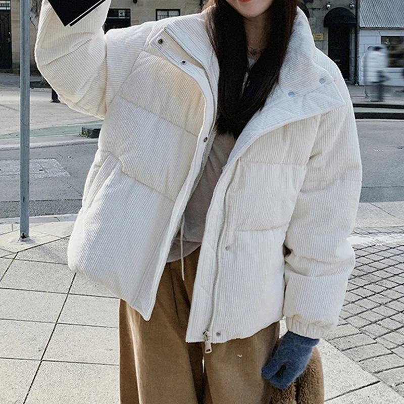 Women's Winter White Corduroy Cotton Jacket Collar Long Sleeve Korean High Street 2000s Style College Retro Warm Coat Clothing