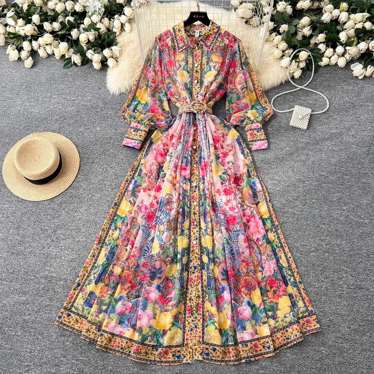 Summer Holiday Flower Boho Robe Dress Women's Lapel Lantern Sleeve Belt A-Line Beach Party Vestido Pearl Buttons Up Maxi Clothes