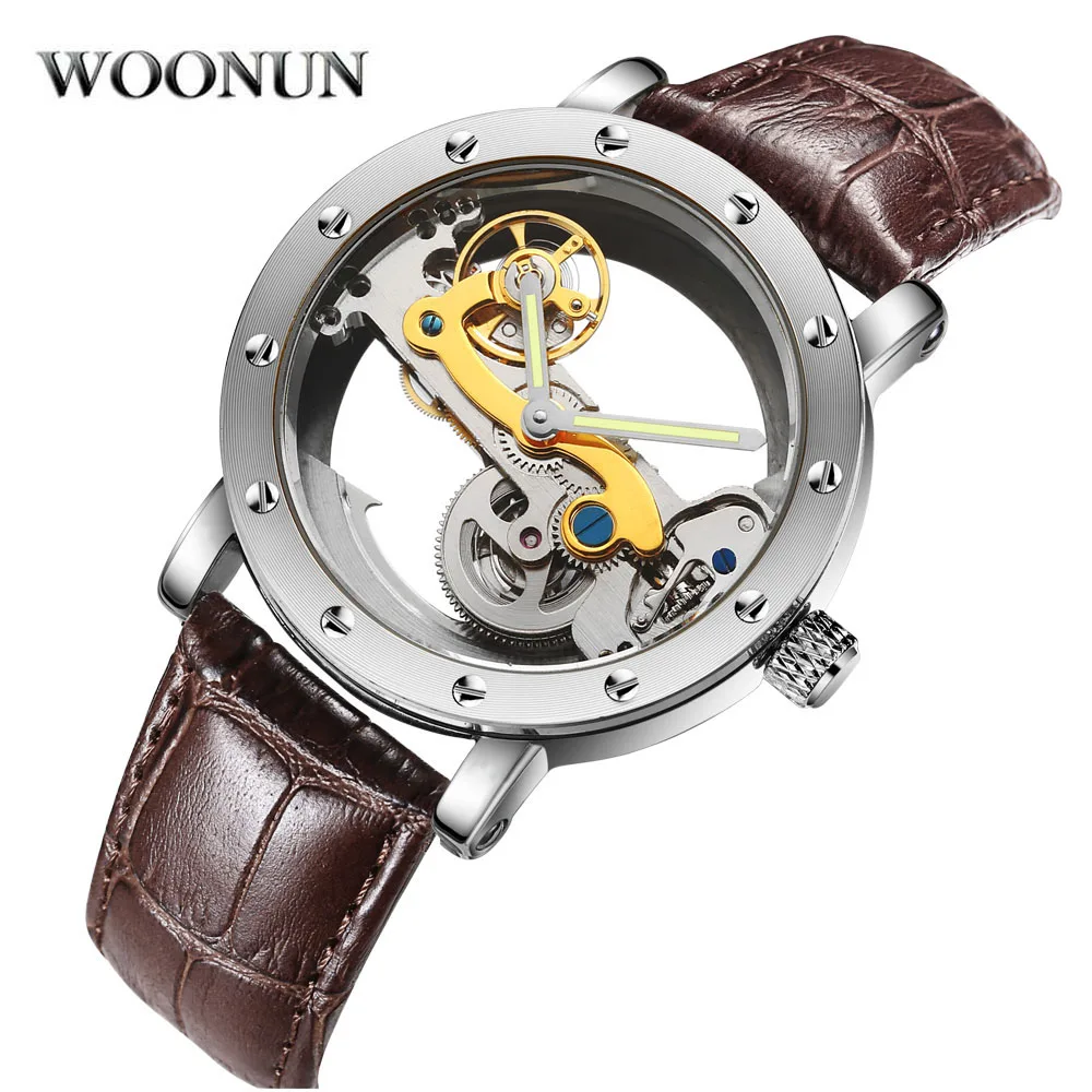 Luxury Brand WOONUN Leather Strap Transparent Dial Golden Case Mens Watches Automatic Mechanical Orologio Men