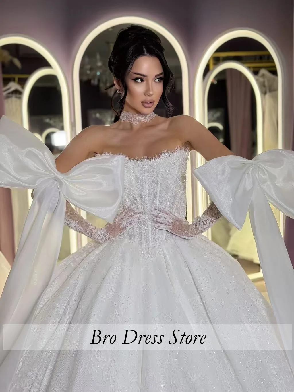Customized Luxury Sparkly Ball Gown Wedding Dress Strapless Corset Bridal Gown with Oversized Bow Sleeves Vestido De Novia