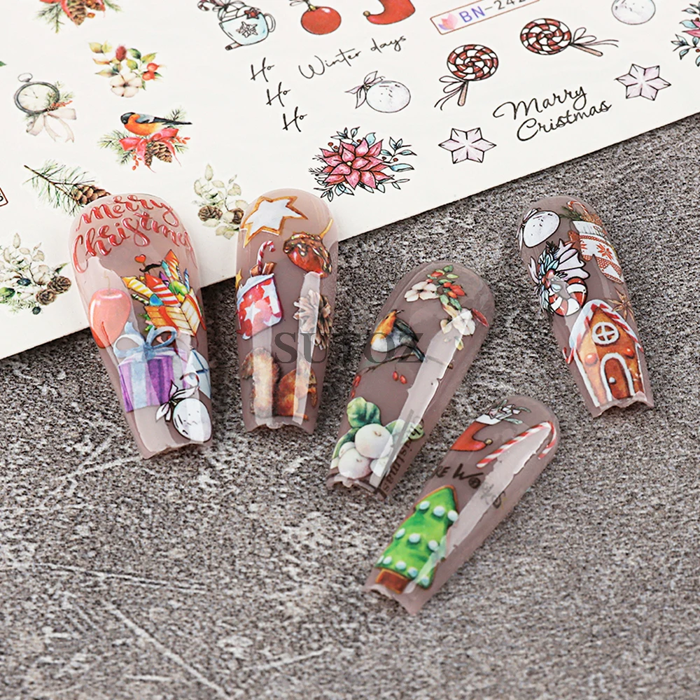 12Pcs Christmas Nail Art Stickers Winter Decoration Transfer Stickers Christmas Trees Animals Gift Manicure Wraps LEBBN2413-2424