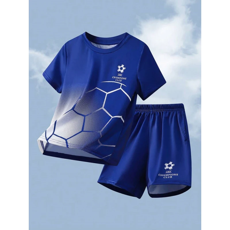 Summer Men's Football Pattern Round Neck Short-sleeved T-shirt And Shorts Two-piece Set Of Casual Running Exercise Sportswear