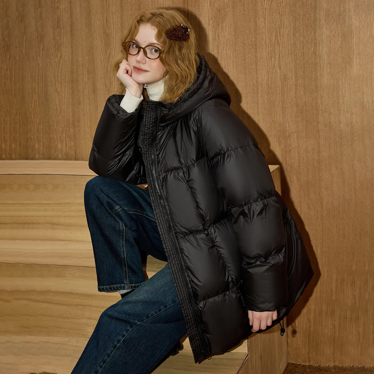 

COOLHUT Thermal Quilted Parka Winter 90% Down Fill Hooded Puffer Solid Color Cloud Silhouette Versatile Mid-Length Cocoon Coat