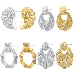 ZHUKOU Brass Material 18K Golden-plated Inlaid AAACZ Stone Goat Horn Shell Shaped Retro Baroque Women's Earrings: VE1535-VE1538
