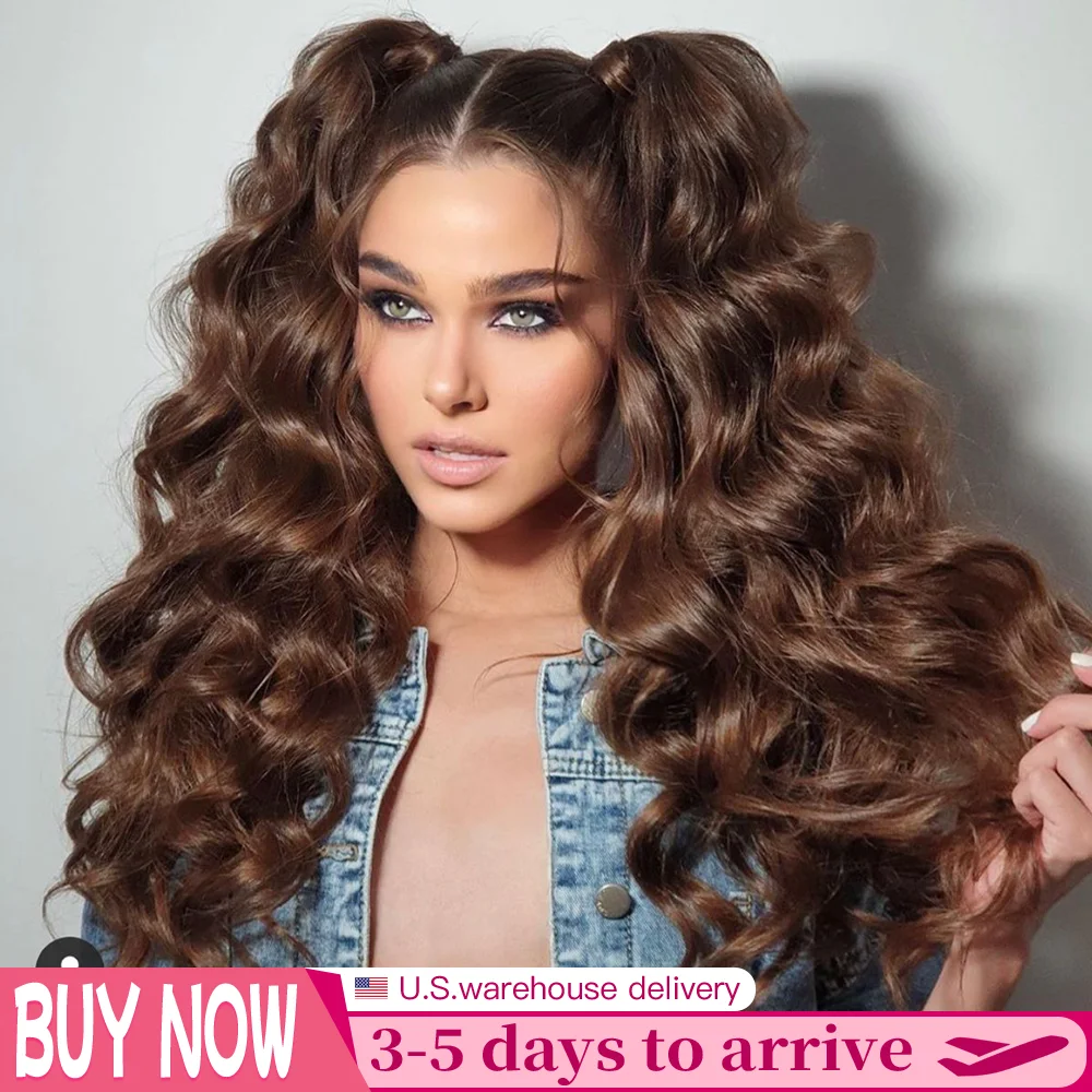 200% Density Chocolate Brown Human Hair Wigs 13x4 Body Wave Lace Front Wig Pre Plucked Chestnut Brown Colored Human Hair Wigs For Women HD Transparent Lace Front Wig 24 Inch