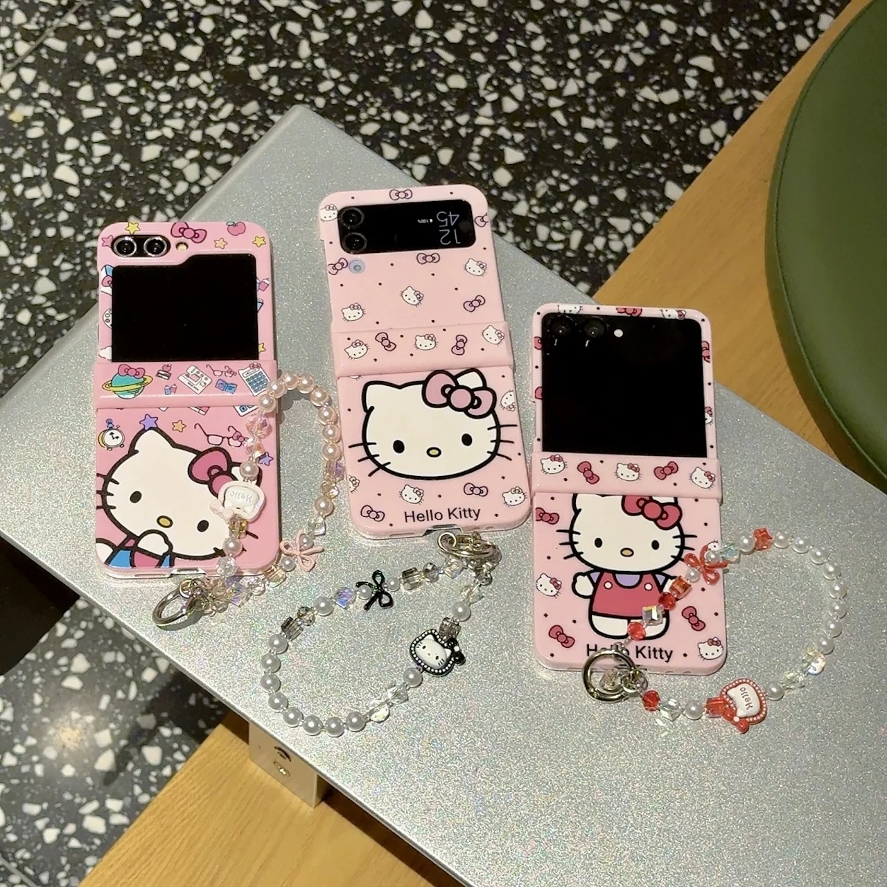 Cute Pink For Hello Kitty Phone Case For Samsung Galaxy Z Flip 7 6 5 4 3 With Hand Strap Anti Scratch Protective Hard Case