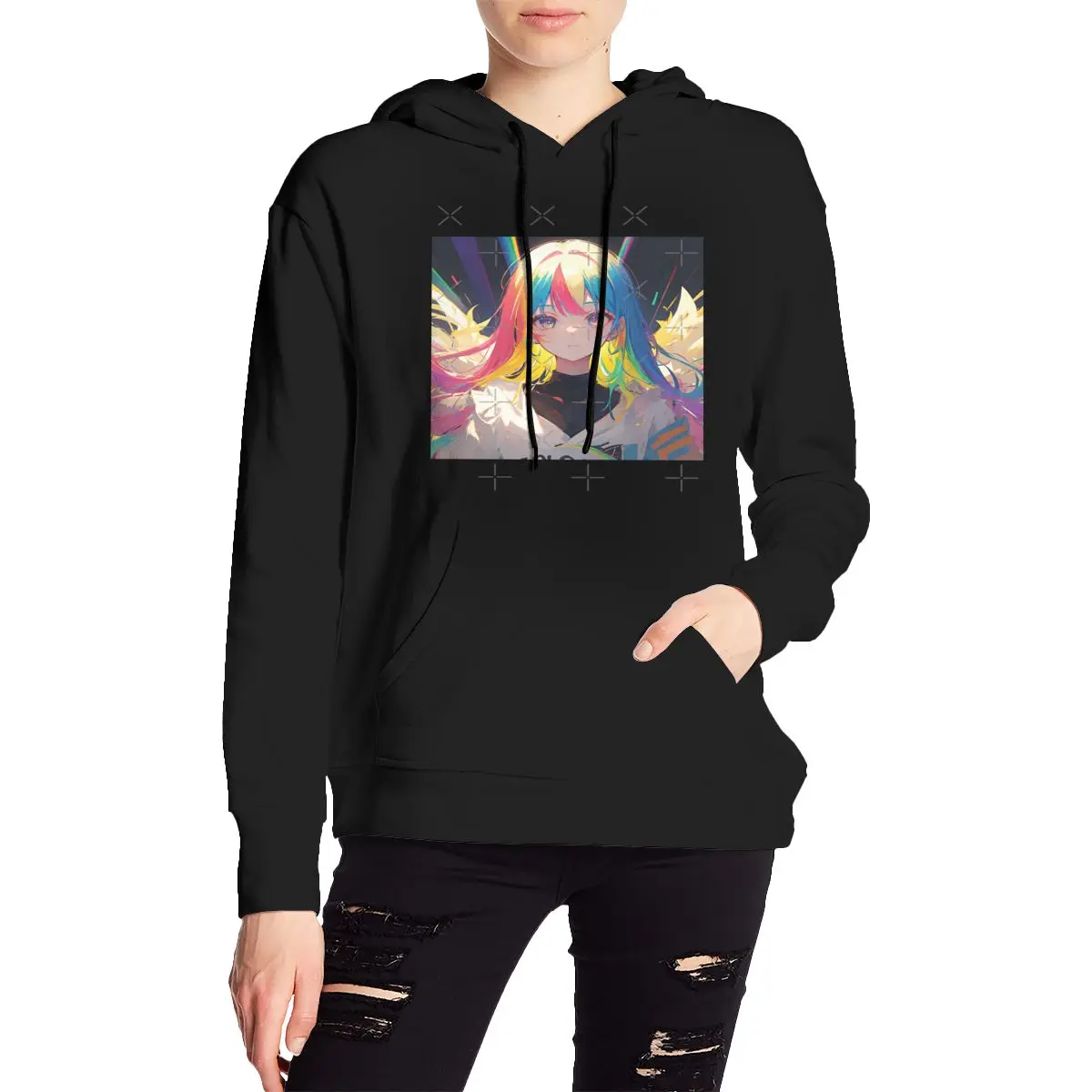 Rainbow Girl Anime-25 Sudadera con capucha con estampado de letras para mujer, sudadera con capucha de color liso Leopard Friends meetup