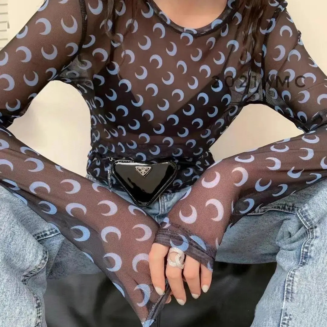 

Moon Pattern Hollow out Long Sve Women's Base irt Sexy T-irt Me Layering Top Slim Fit Sle Printed Geometric Design