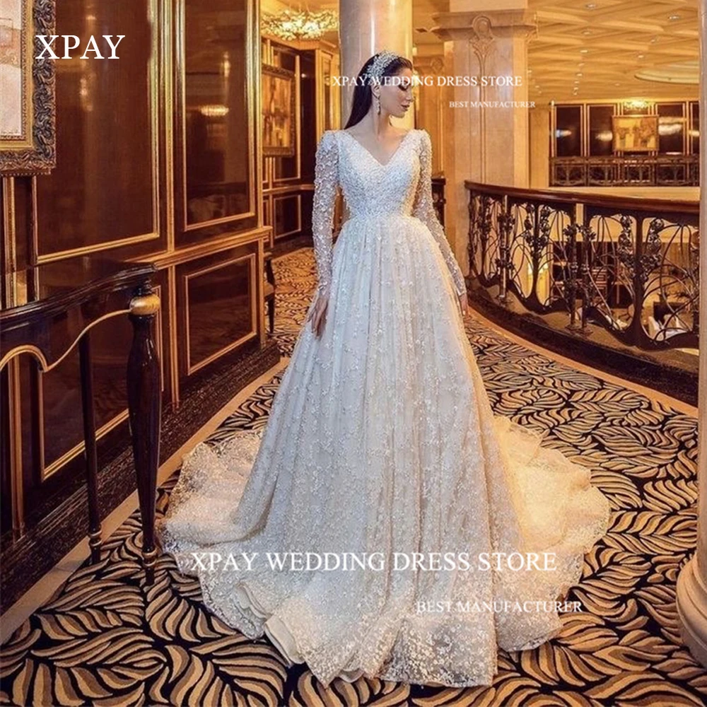 

XPAY Modest Glitter A Line Lace Wedding Dresses Long Sleeves V Neck Court Train Luxury Sparkly Bridal Gowns Dubai Arabic Women