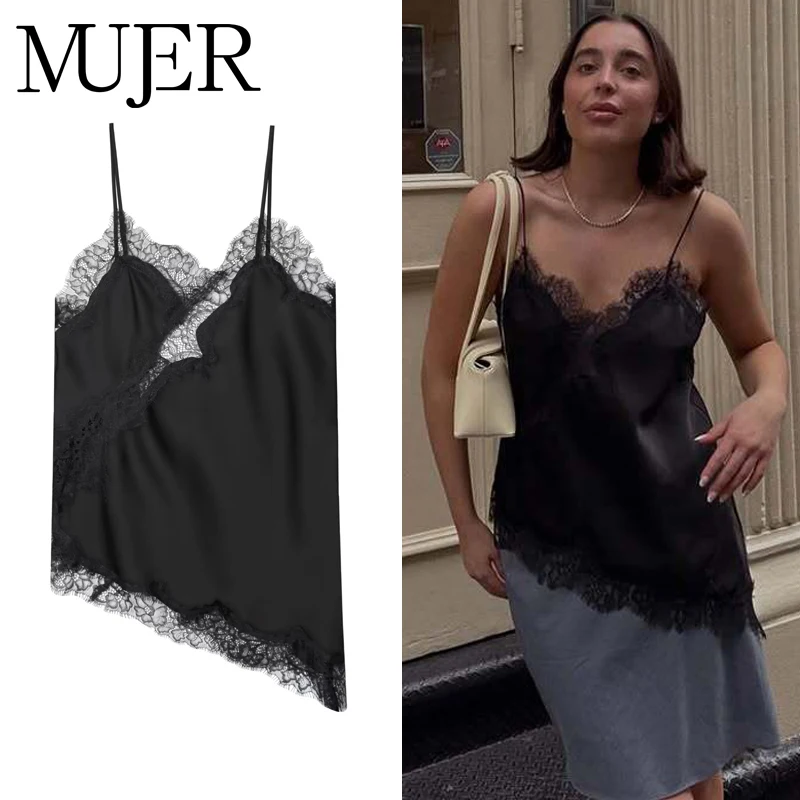 MUJER بلوزات من الدانتيل الأسود للنساء بروتيل مثير عارية الذراعين بلايز امرأة 2025 الصيف بلا أكمام المرأة بلايز الأشرطة الشاطئ الأعلى الإناث