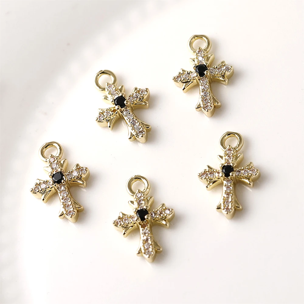 5 Pieces Copper Plating with 14k Gold Zircon Inlay Cross Flower Pendant DIY Jewelry Making Necklace Bracelet Accessory Materials