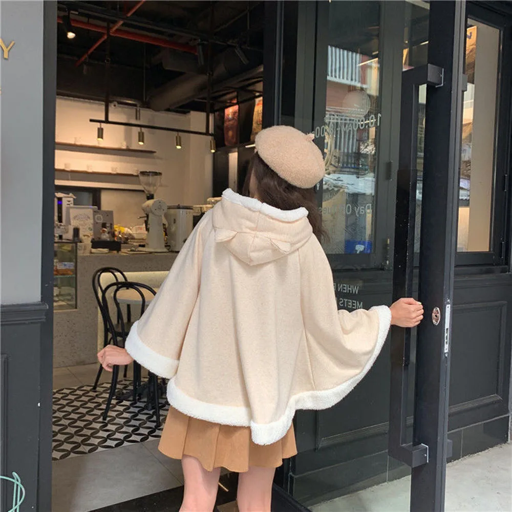 Autumn Winter Harajuku Cute Lolita Poncho Jacket Cat Ears Girl Warm Cloak Hooded Kawaii Shawl Student Anime Coat Cartoon Capes