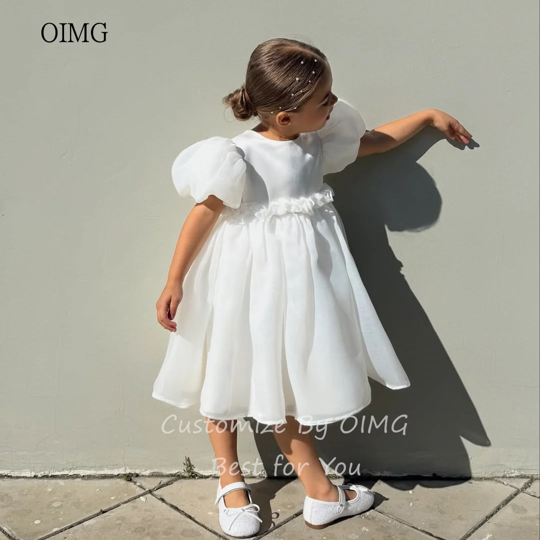 OIMG 아이보리 오 넥 A 라인 플라워 걸 드레스 퍼프 슬리브 무릎 길이 웨딩 파티 드레스 생일 성찬식 맞춤형