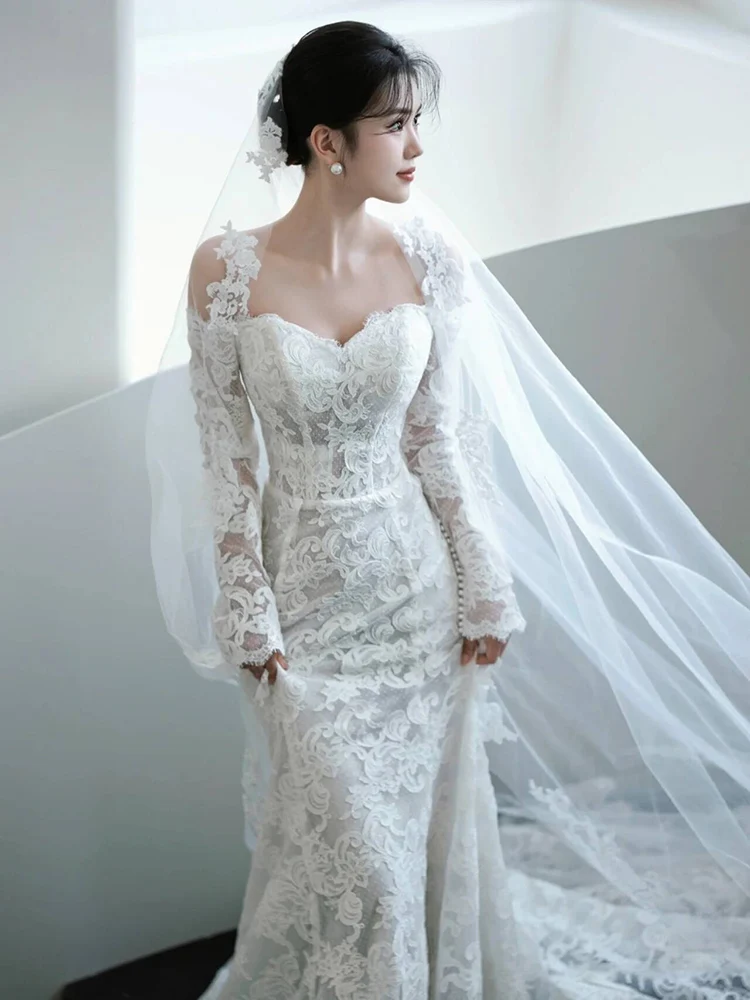 

Ele Lace Wedding Dr One oulder Long Sve Fi Tail Bridal Gown for Hotel Indoor Ocns mid Waist Construction