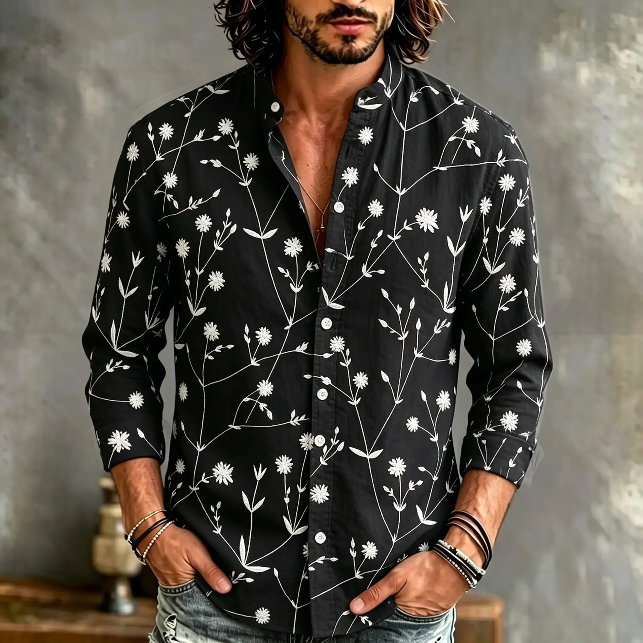 New minimalist artistic style top with black background and white lines, small floral linen long sleeved shirt