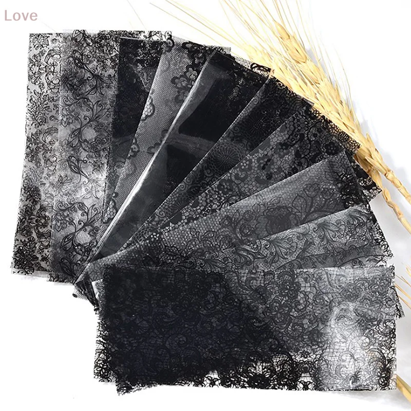 10 個白黒レースネイルアート箔セットトップフローラルチャームネイル転写ステッカー紙 DIY マニキュアネイルデコレーションアクセサリー