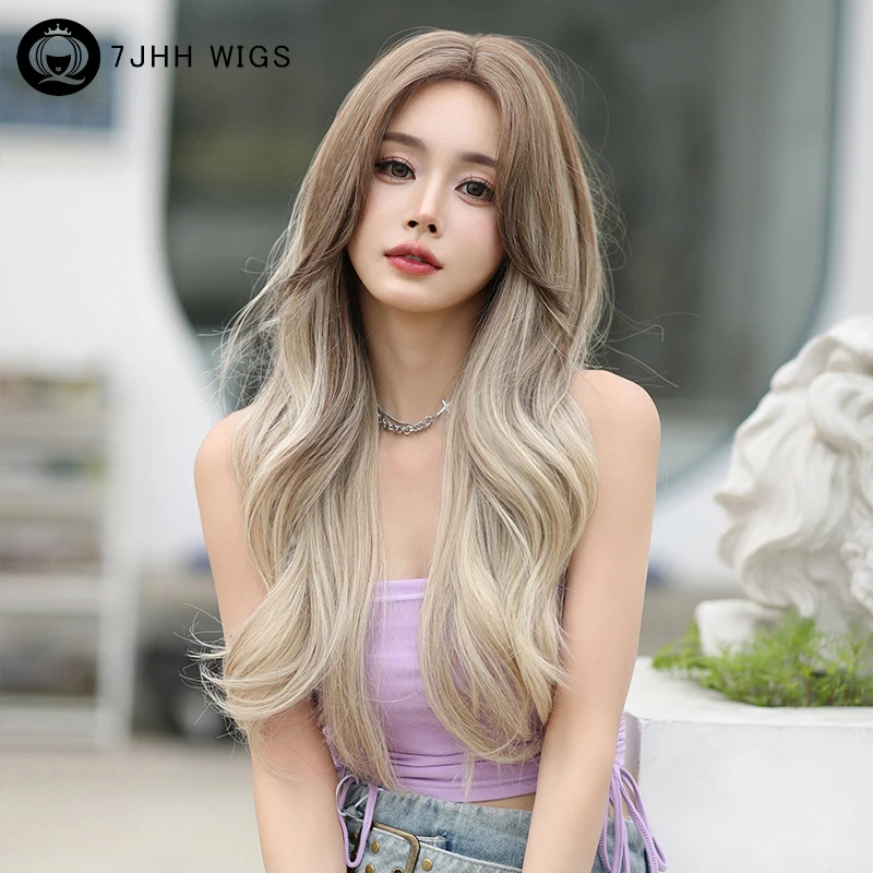 7JHH WIGS Synthetic Middle Part Brown Wig for Women Daily Use High Density Ombre Light Blonde Wig Beginner Friendly Costume Wig