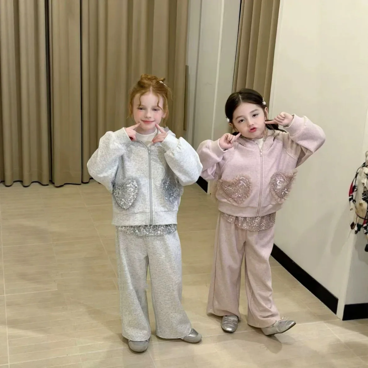 RAISE Autumn Children Girls 2PCS Set Kids Girls Shiny Rabbit Ear Hooded Zipper Coats+pant Outfits Baby Girls Love Pocket Jackets