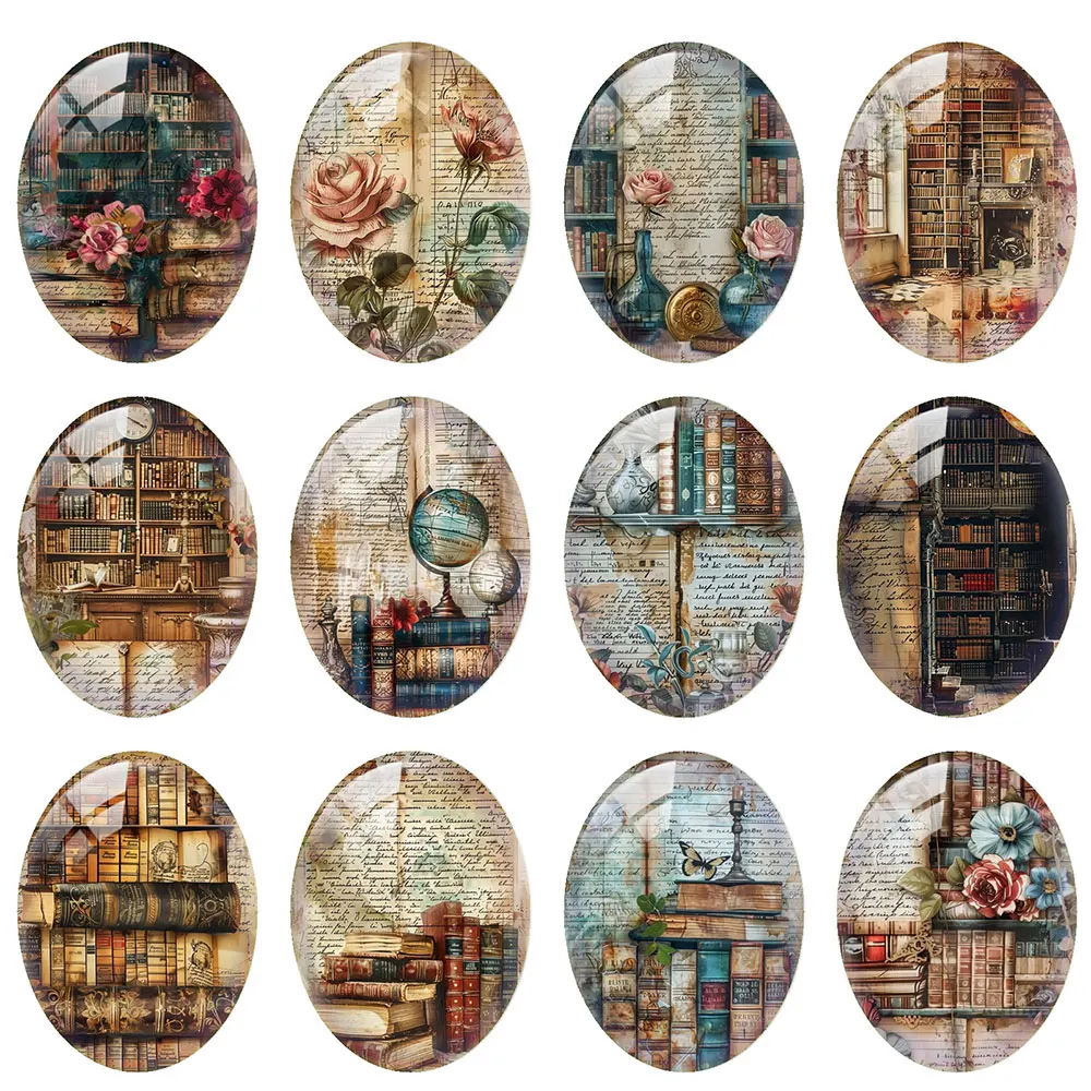 10 pz/lotto Retro Leggi Libri Fiore Ovale Foto Cabochon In Vetro Flatback Demo Parte Posteriore Piana Cammeo Per Gioielli Fai Da Te Che Fanno Forniture