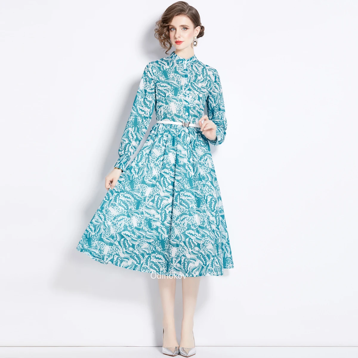 2024 Spring/Summer Printed Butterfly Long Sleeved Belt Slim Fit Dress  for Women  Vintage Rural Skirt