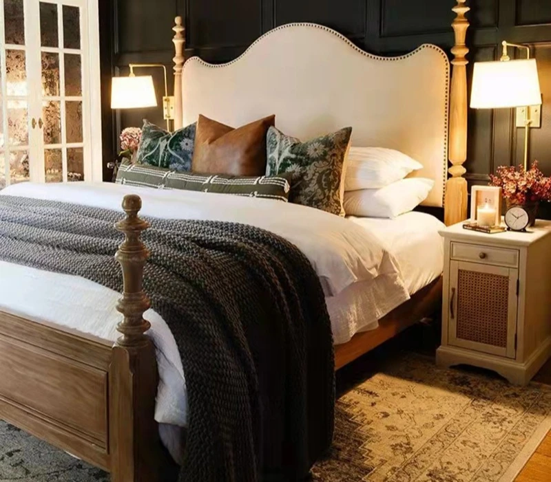 American solid wood soft bag fabric retro 1.8 meters bedroom hotel bed and breakfast princess double wedding bed