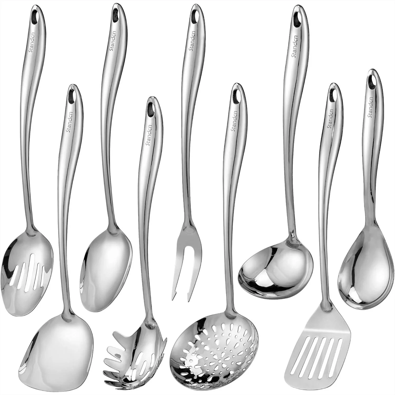 

9-Piece 304 Stainless Steel Kitchen Utensil Set, Heavy Duty Cooking Spoons & Spatulas, Long Handle Ergonomic Design, Dishwasher