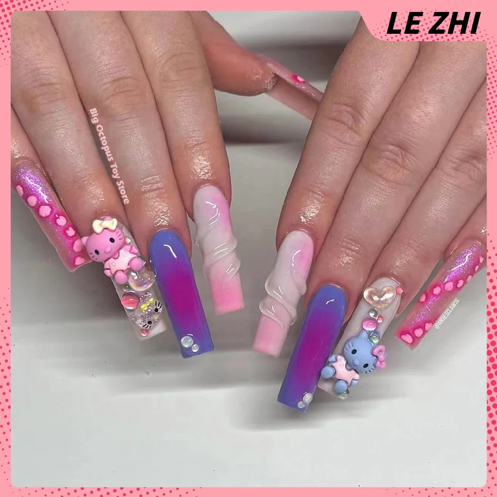 Xxl Euro-Americaen Long Square Cartoon Fake Nails Hello Kitty Mymelody Kuromi Luxury Diamond Handmade Nail Tips Party Sticker