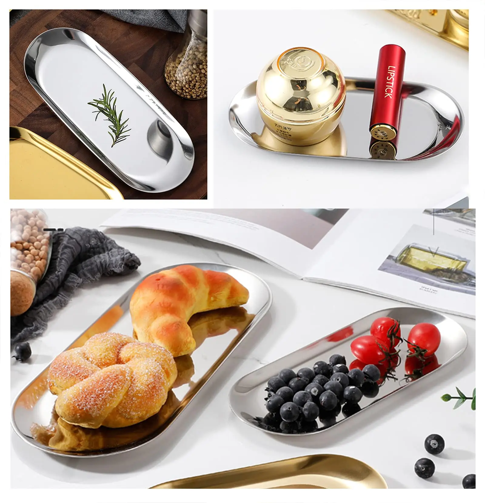 European Snack Plate Bread Cake Dessert Plate Flat Chassis Korean Gold Stainless Steel Oval Barbecue Plate Retro Storage Tray