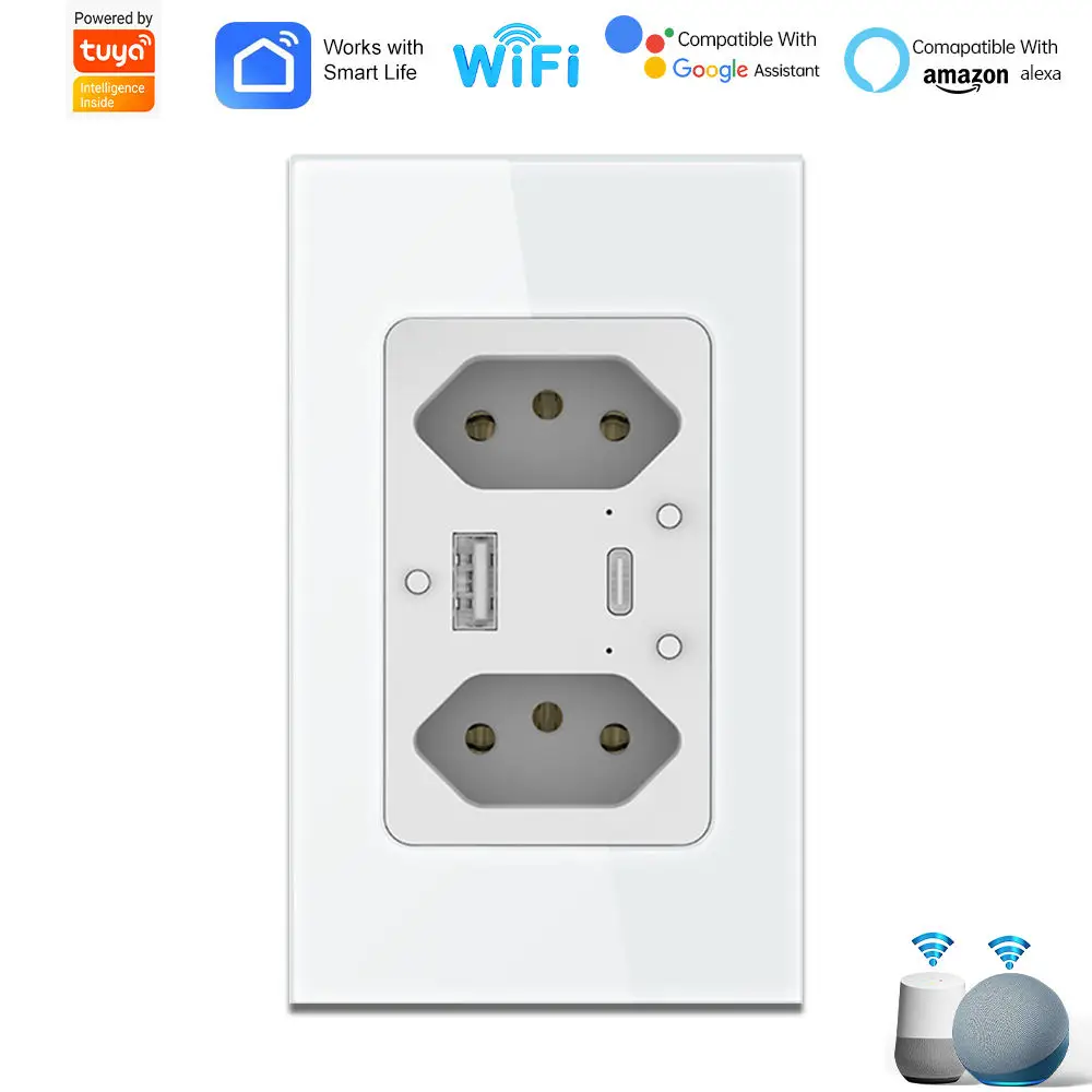 

SIXWGH Tuya Socket BRA Tomada Inteligente De ParedeCom 2 Port as USB Type-C Fast Charging Smart Life Voice Control 2 AC Outlets