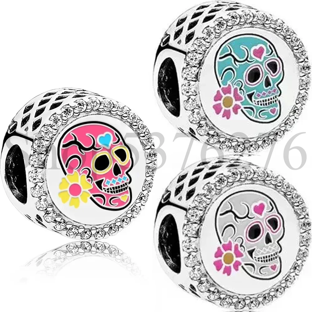 

Аутентичные Подвески бусины из стерлингового серебра 925 Pan Day Of The Dead Sugar Skull, подходят для женского браслета Пандоры, подарочные украшения «сделай сам»