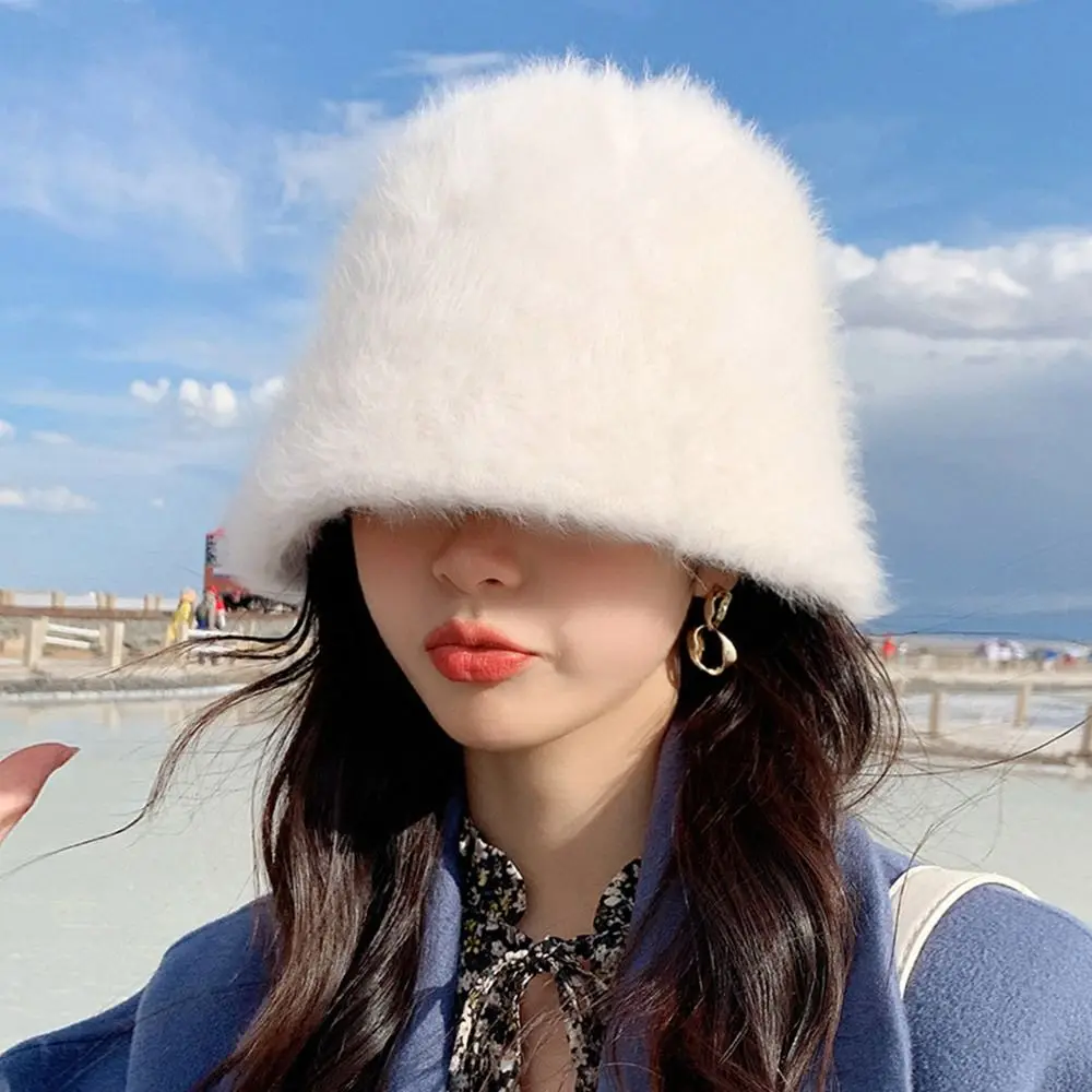 Outdoor Plush Plush Bucket Hat Warm Furry Fisherman Cap Winter Soft Basin Sun Cap for Women