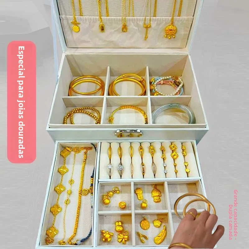二層ジュエリーボックス-ゴールド専用収納ボックス-リングネックレスジュエリーボックス-ロック付き-puレザーアクセサリー収納ボックス