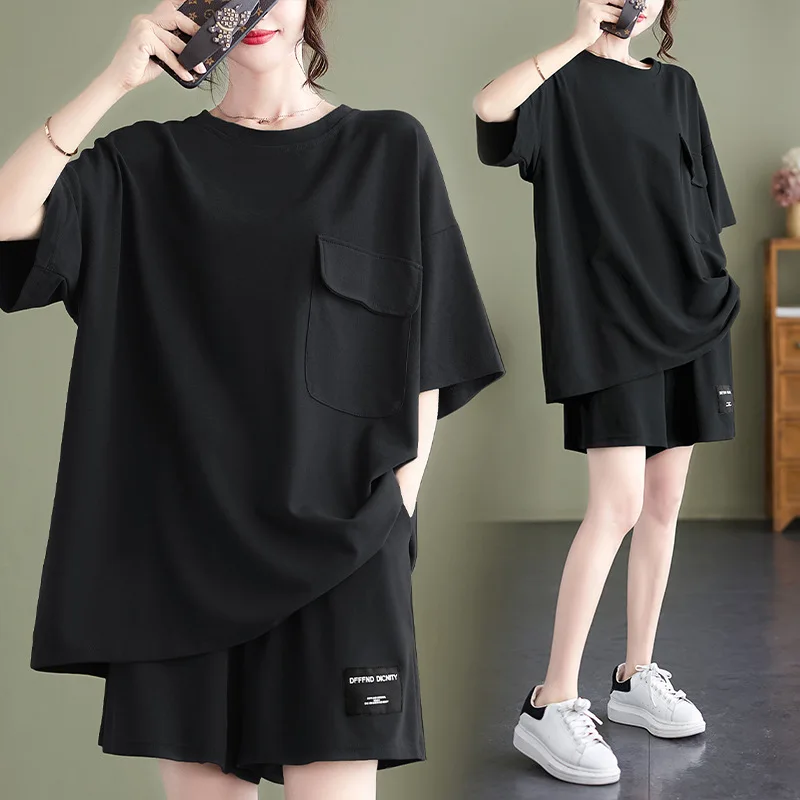2023 letni europejski styl casualowy damski garnitur odzież Plus Size luźna moda T-Shirt i szorty z krótkim rękawem 2 dwuczęściowy komplet