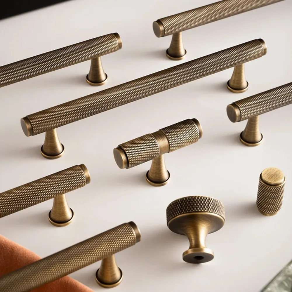 Solid Antique Brass Diamond-Cut Cross Knurl Pattern Bronze Wardrobe Cabinet Handles T-Bar Knobs Pitch Long Pull furniture handle
