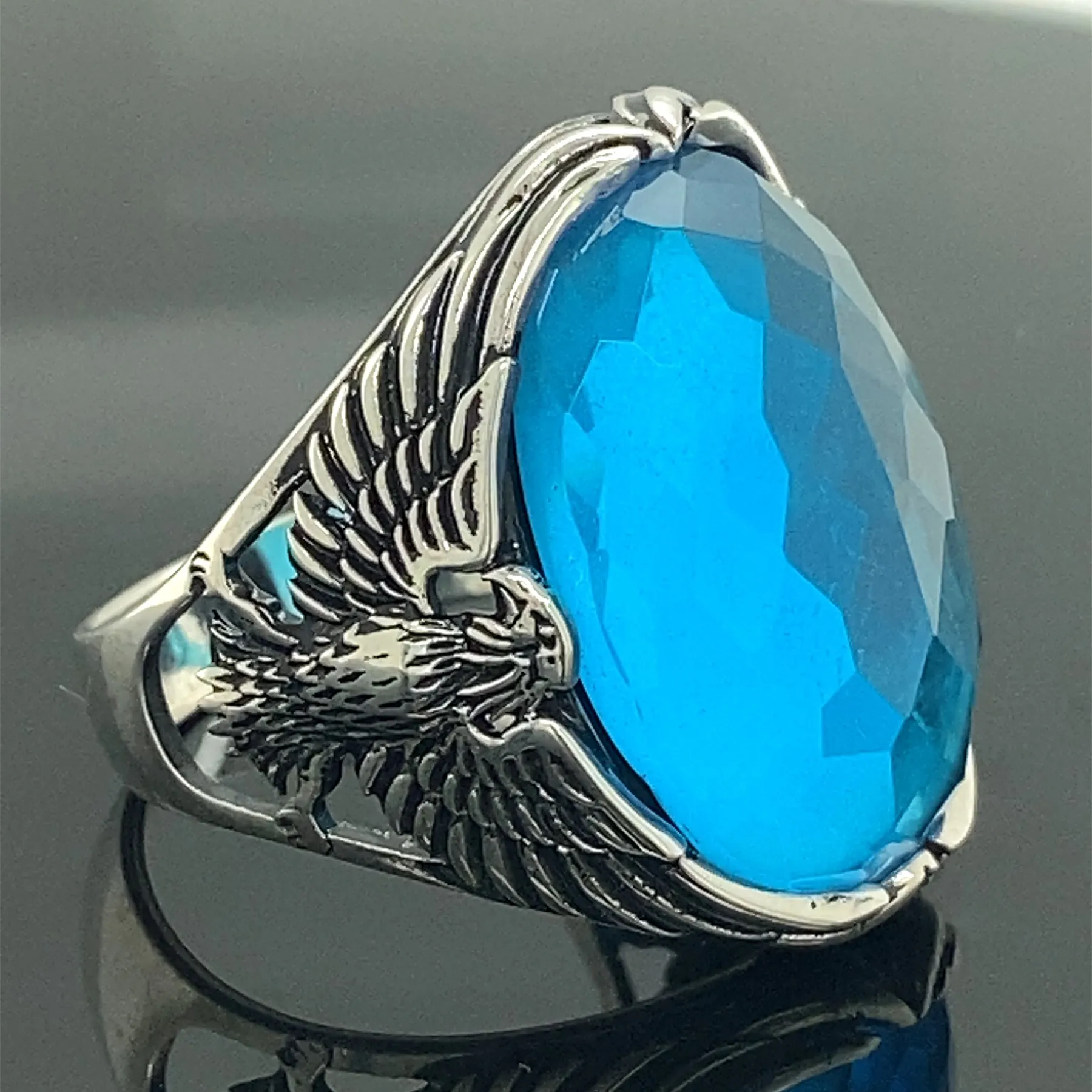 

Men Silver Aquamarine Stone Ring , Double Headed Eagle Ring , American Eagle Ring , 925k Sterling Silver Ring , Gift For Him