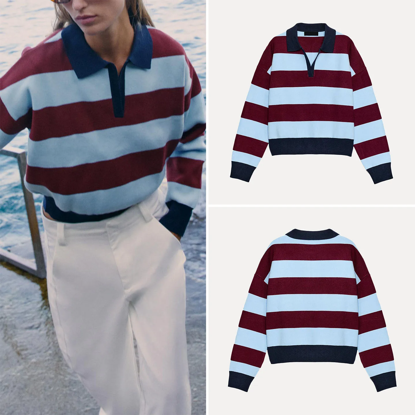 Fashionable Long Sleeve Color Block Striped  Knitted Sweater Women's Autumn Wear ZADATA Brand Regular Fit Other Material