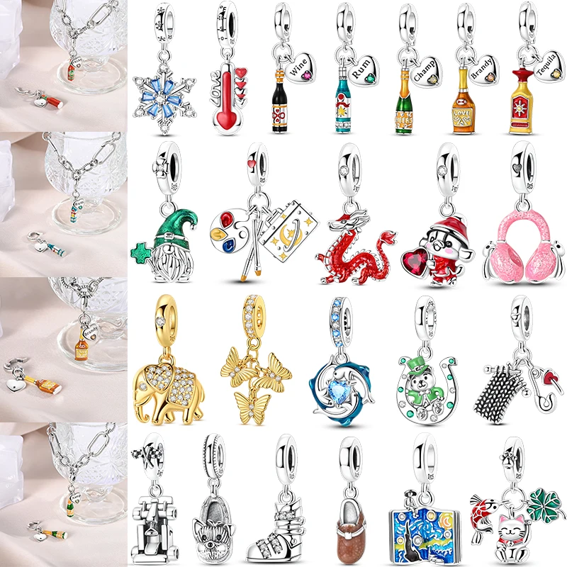 

925 Sterling Silver Pets Dog Cat Colorful Wine Bottle Charms CZ Zirconium Shoe Bead Pendant Fit Original Bracelet DIY Jewelry