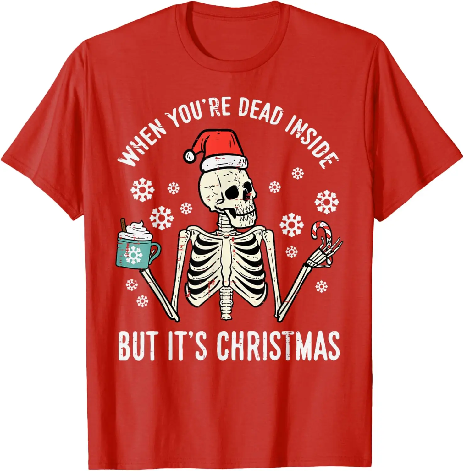 Dead Inside But Its Christmas Skeleton Coffee Xmas Coton T-Shirt Hommes et Femmes Col rond Manches Courtes Chemises Décontractées pour Femmes